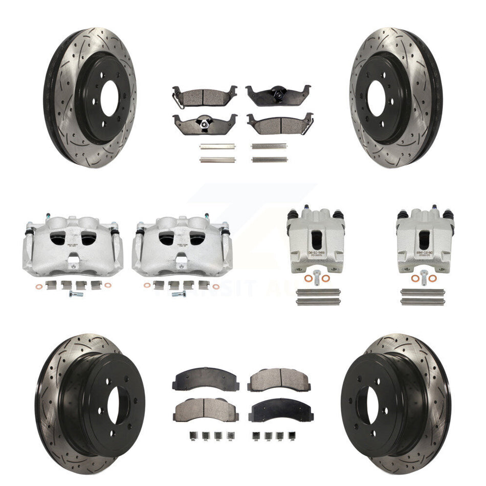 Front Rear Disc Brake Coated Caliper Drilled Slotted Rotors And Ceramic Pads Kit (10Pc) For 2010-2011 Ford F-150 With 6 Lug Wheels KCD-100417T