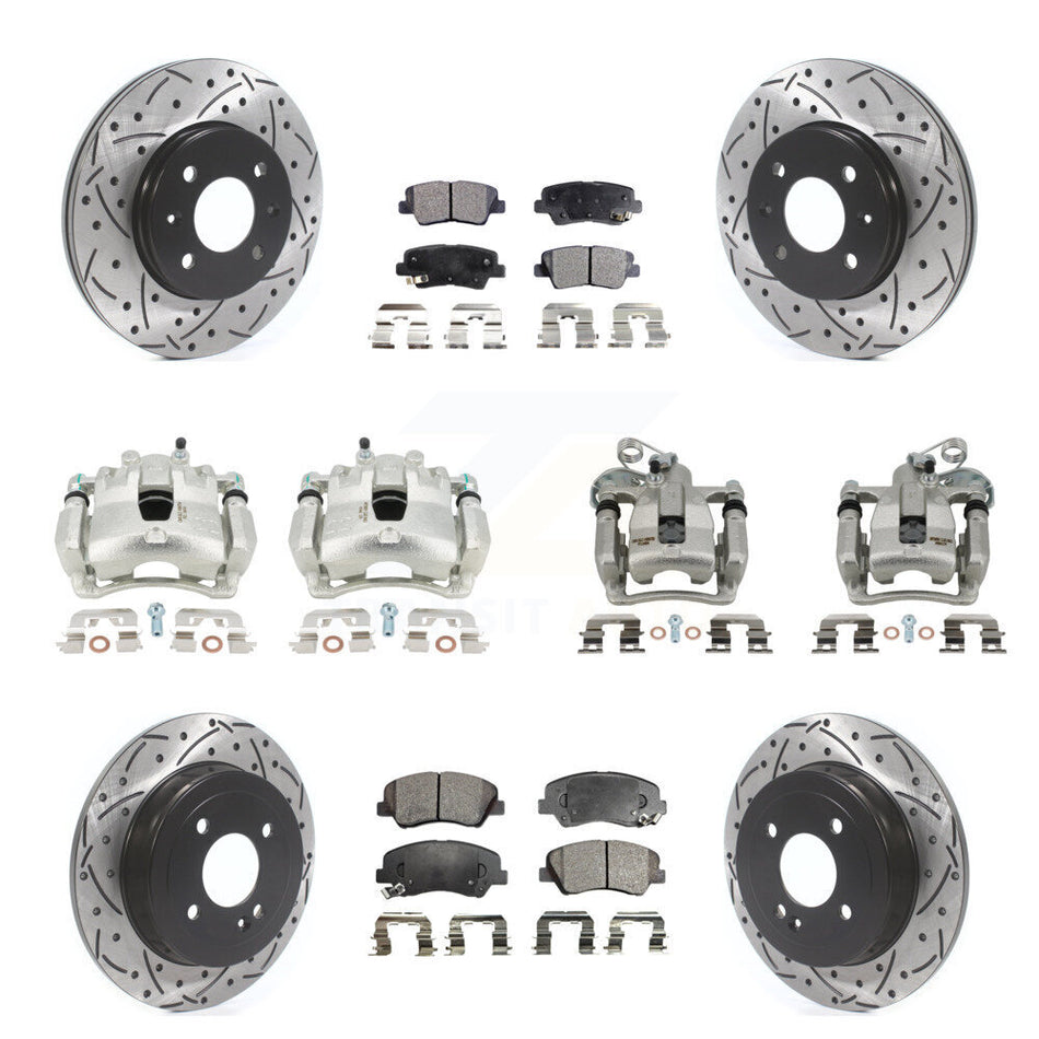 Front Rear Disc Brake Coated Caliper Drilled Slotted Rotors And Ceramic Pads Kit (10Pc) For 2012-2016 Hyundai Accent KCD-100419T