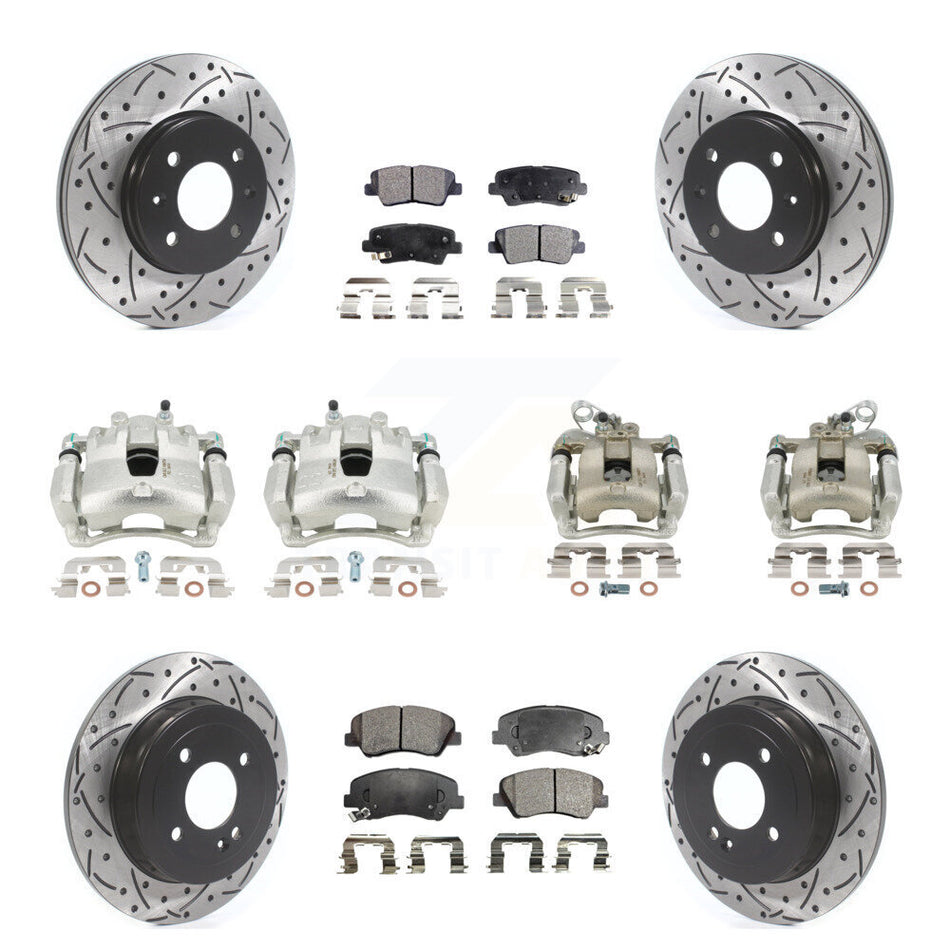 Front Rear Disc Brake Coated Caliper Drilled Slotted Rotors And Semi-Metallic Pads Kit (10Pc) For Kia Rio KCD-100423P