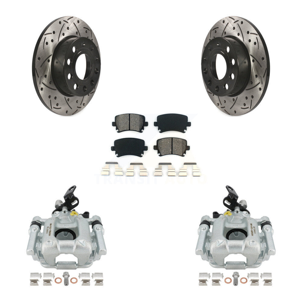 Rear Disc Brake Coated Caliper Drilled Slotted Rotors And Semi-Metallic Pads Kit For 2010-2013 Audi A3 Quattro With 256mm Diameter Rotor KCD-100427S by Transit Auto