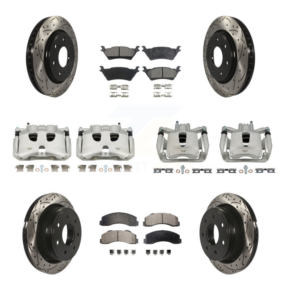Front Rear Disc Brake Coated Caliper Drilled Slotted Rotors And Semi-Metallic Pads Kit (10Pc) For 2012-2014 Ford F-150 With 7 Lug Wheels KCD-100428P