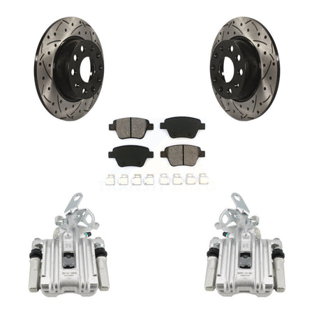 Rear Brake Caliper Drill Slotted Rotor Semi-Metallic Pad Kit For Volkswagen Jetta Beetle KCD-100430S
