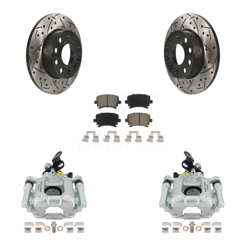 Rear Disc Brake Coated Caliper Drilled Slotted Rotors And Ceramic Pads Kit For 2010-2013 Audi A3 Quattro With 256mm Diameter Rotor KCD-100431C by Transit Auto