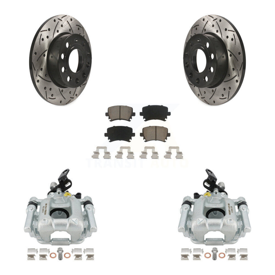 Rear Disc Brake Coated Caliper Drilled Slotted Rotors And Ceramic Pads Kit For 2010-2013 Audi A3 Quattro With 256mm Diameter Rotor KCD-100431C by Transit Auto