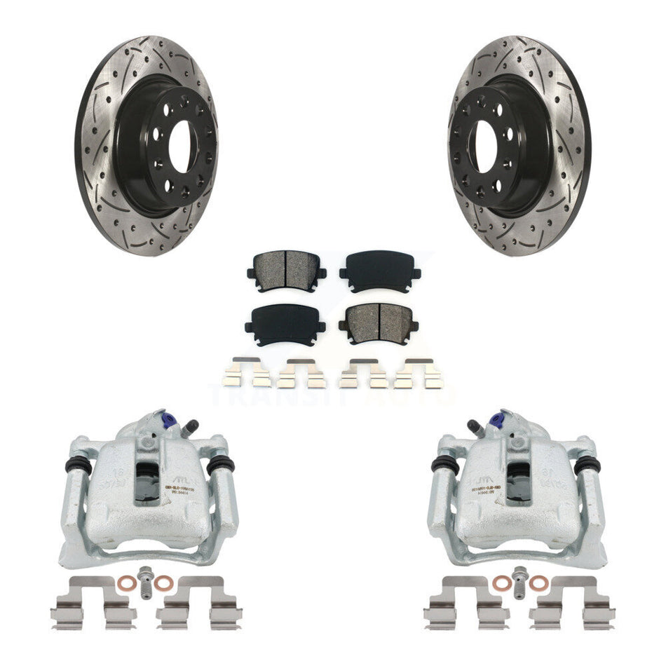 Rear Disc Brake Coated Caliper Drilled Slotted Rotors And Semi-Metallic Pads Kit For Volkswagen Tiguan CC KCD-100434S