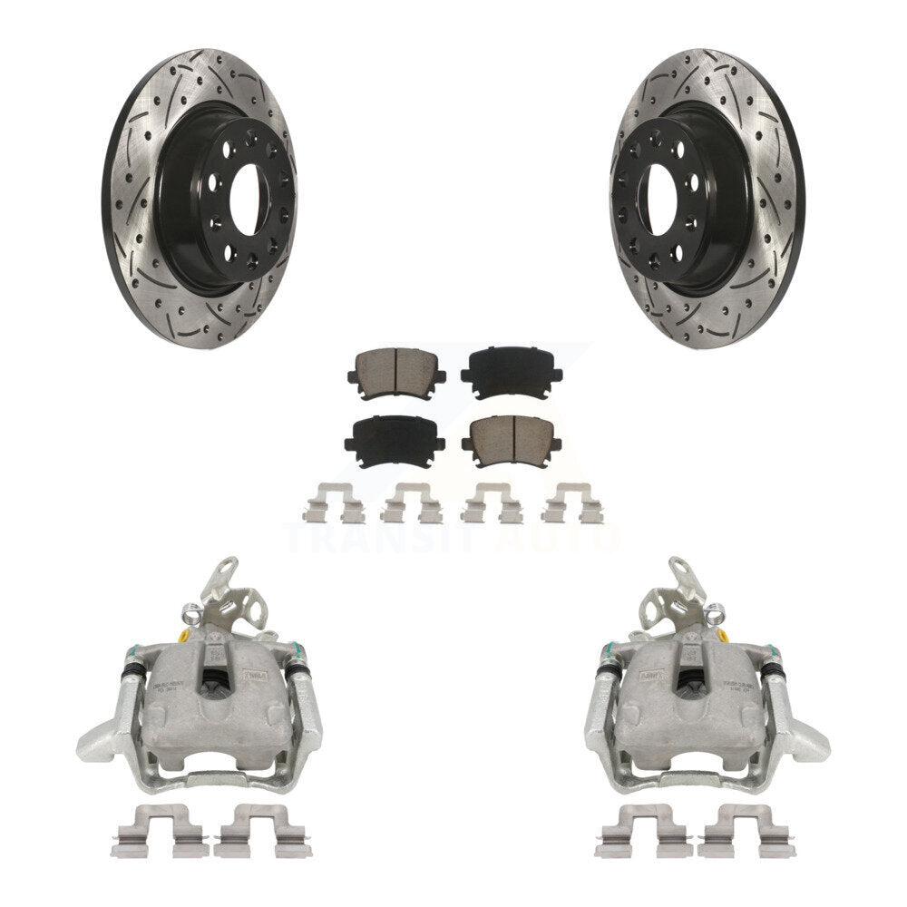 Rear Disc Brake Coated Caliper Drilled Slotted Rotors And Ceramic Pads Kit For Volkswagen GTI Audi A3 Quattro With 282mm Diameter Rotor KCD-100436C by Transit Auto