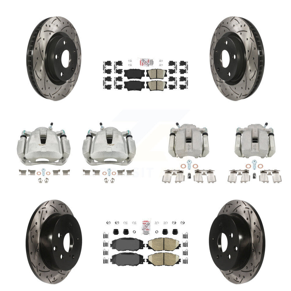 Front Rear Disc Brake Coated Caliper Drilled Slotted Rotors And Ceramic Pads Kit (10Pc) For Toyota RAV4 KCD-100437N