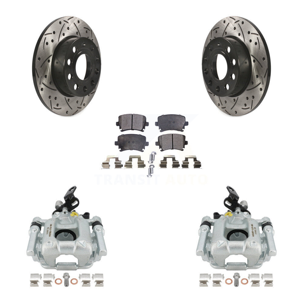 Rear Disc Brake Coated Caliper Drilled Slotted Rotors And Semi-Metallic Pads Kit For 2010-2013 Audi A3 Quattro With 256mm Diameter Rotor KCD-100437P by Transit Auto