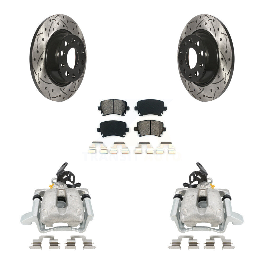 Rear Disc Brake Coated Caliper Drilled Slotted Rotor And Semi-Metallic Pad Kit For 2010 Volkswagen Jetta TDI Cup Edition with 2.0L DIESEL engine With 282mm Diameter KCD-100437S by Transit Auto