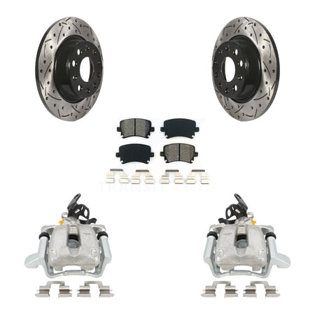 Rear Disc Brake Coated Caliper Drilled Slotted Rotor And Semi-Metallic Pad Kit For 2010 Volkswagen Jetta TDI Cup Edition with 2.0L DIESEL engine With 282mm Diameter KCD-100437S by Transit Auto