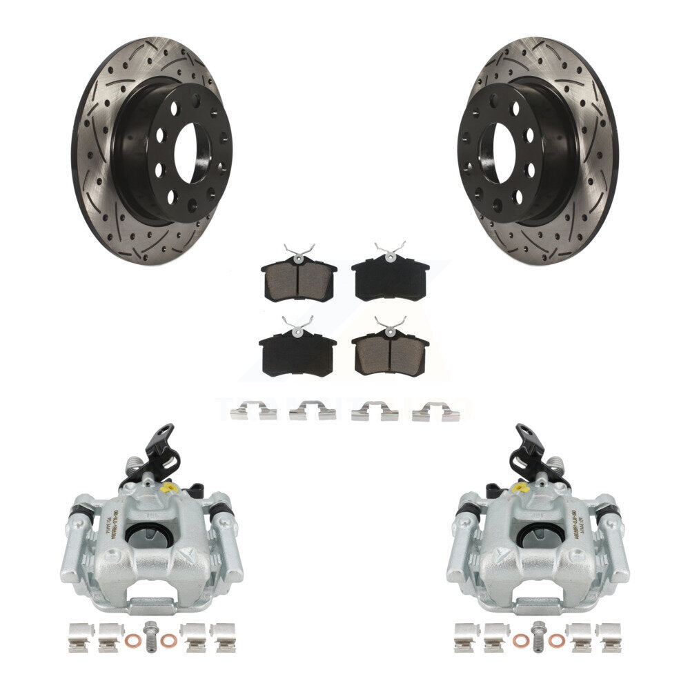 Rear Disc Brake Coated Caliper Drilled Slotted Rotors And Ceramic Pads Kit For 2010 Audi A3 GAS engine With 253mm Diameter Rotor KCD-100439C by Transit Auto