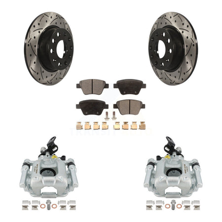 Rear Disc Brake Coated Caliper Drilled Slotted Rotors And Semi-Metallic Pads Kit For Volkswagen Jetta Passat Golf GTI Beetle Eos Audi A3 Quattro KCD-100439P by Transit Auto