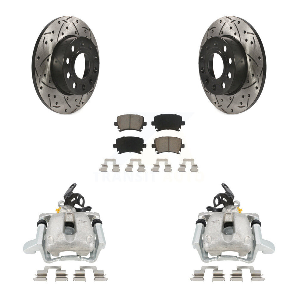 Rear Disc Brake Coated Caliper Drilled Slotted Rotors And Ceramic Pads Kit For Volkswagen Jetta With 260mm Diameter Rotor KCD-100442C by Transit Auto