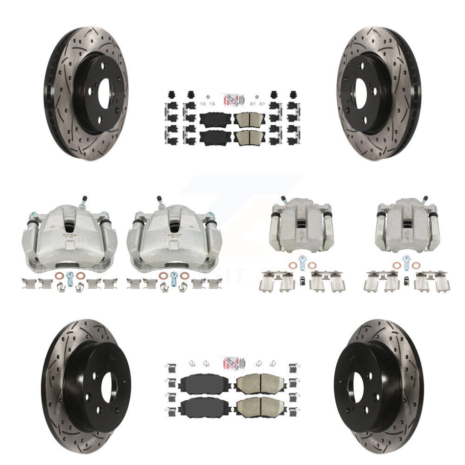 Front Rear Disc Brake Coated Caliper Drilled Slotted Rotors And Ceramic Pads Kit (10Pc) For Toyota RAV4 KCD-100442N