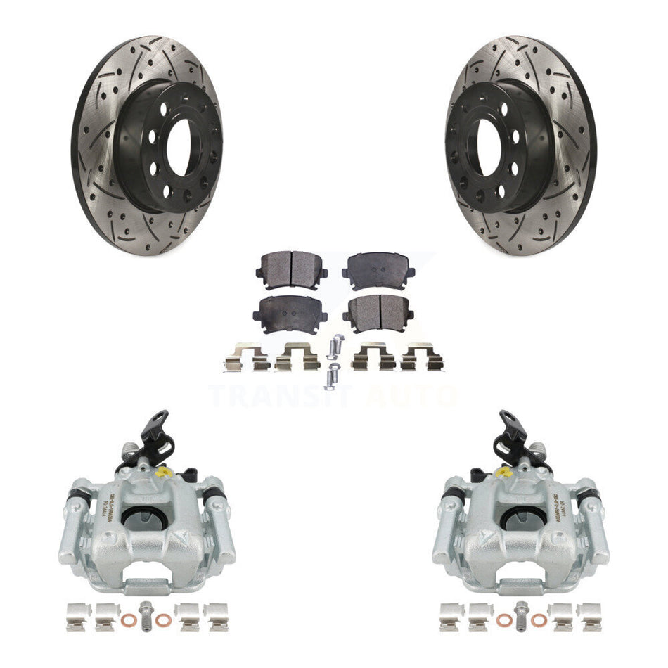 Rear Disc Brake Coated Caliper Drilled Slotted Rotors And Ceramic Pads Kit For 2010-2013 Audi A3 Quattro With 256mm Diameter Rotor KCD-100442T by Transit Auto