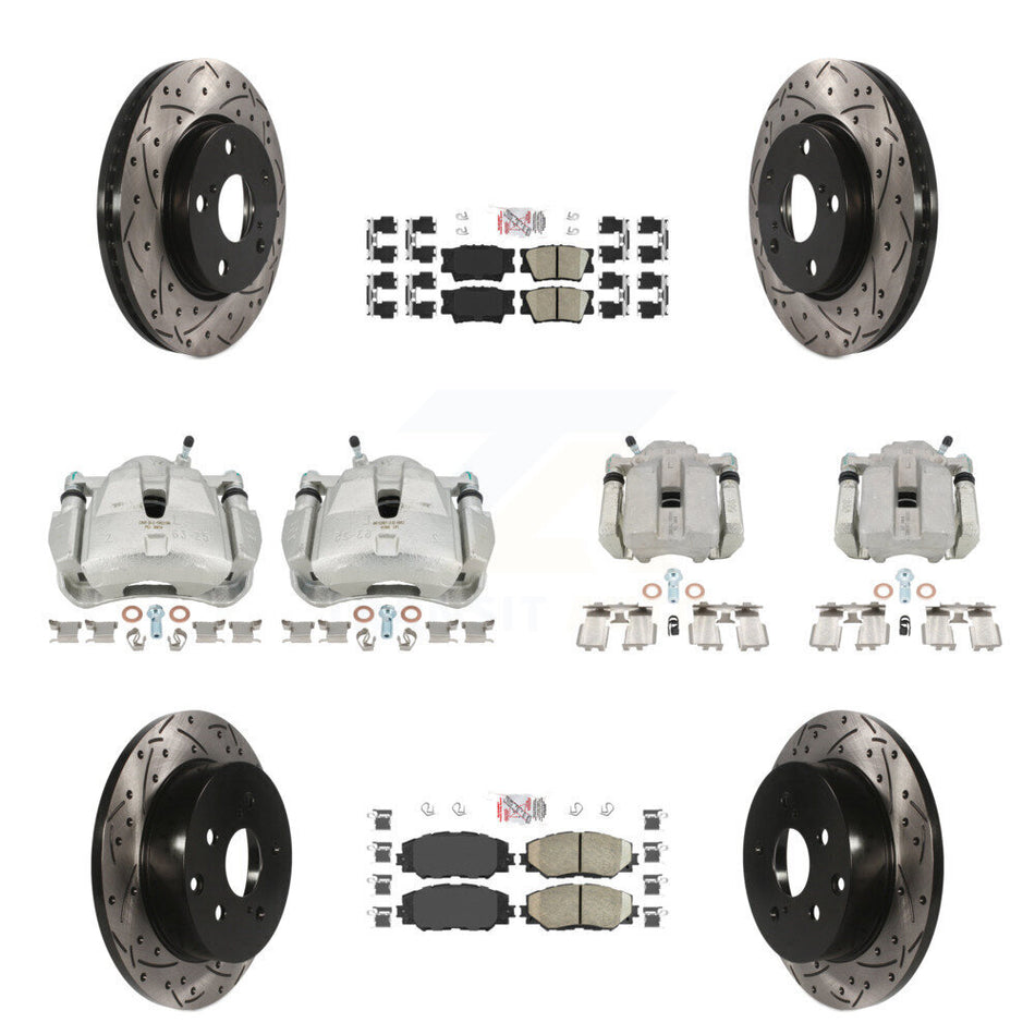 Front Rear Disc Brake Coated Caliper Drilled Slotted Rotors And Ceramic Pads Kit (10Pc) For Toyota RAV4 KCD-100443N