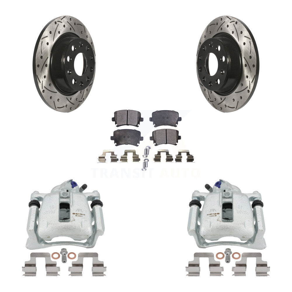 Rear Disc Brake Coated Caliper Drilled Slotted Rotors And Semi-Metallic Pads Kit For Volkswagen Tiguan CC KCD-100444P by Transit Auto