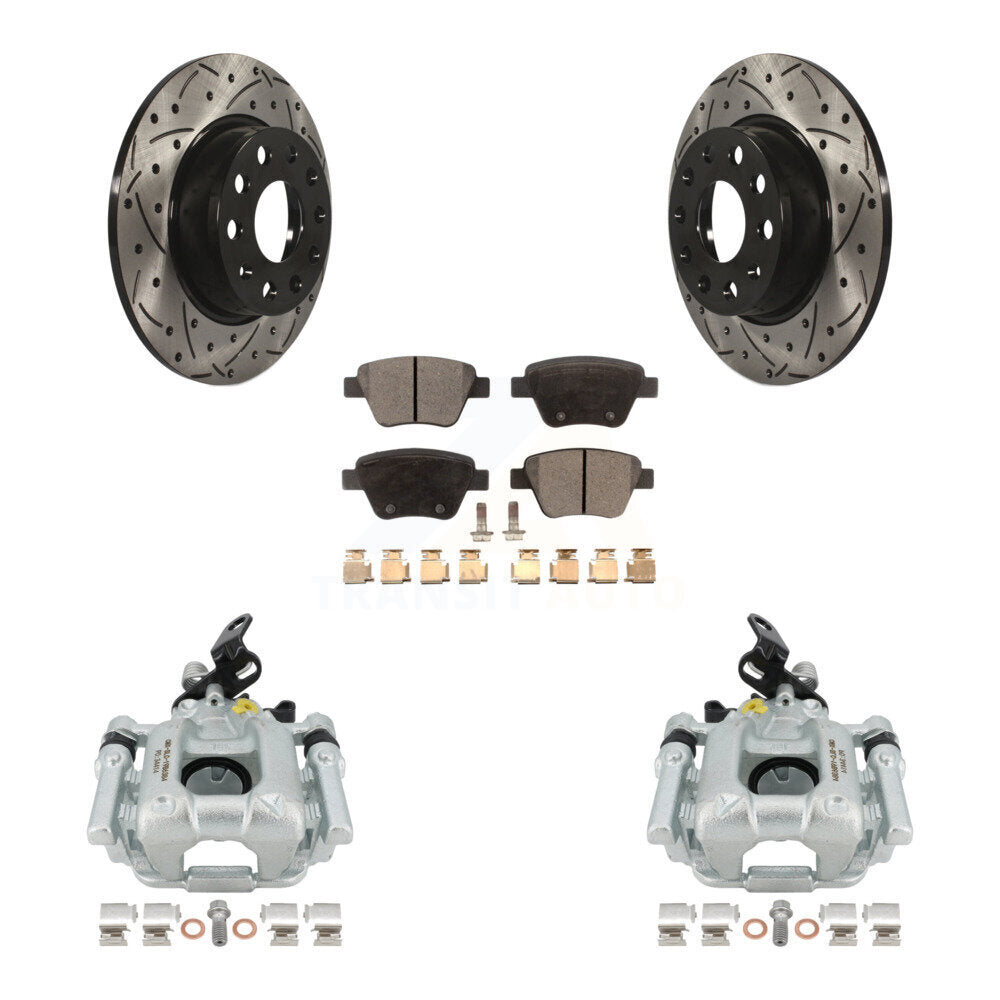 Rear Disc Brake Coated Caliper Drilled Slotted Rotors And Ceramic Pads Kit For Volkswagen Jetta Passat Golf GTI Beetle Eos Audi A3 Quattro KCD-100444T by Transit Auto