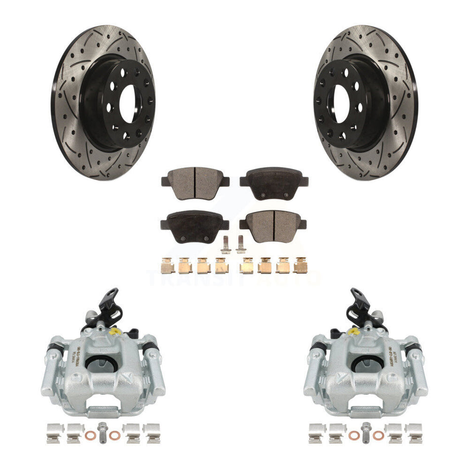 Rear Disc Brake Coated Caliper Drilled Slotted Rotors And Ceramic Pads Kit For Volkswagen Jetta Passat Golf GTI Beetle Eos Audi A3 Quattro KCD-100444T by Transit Auto