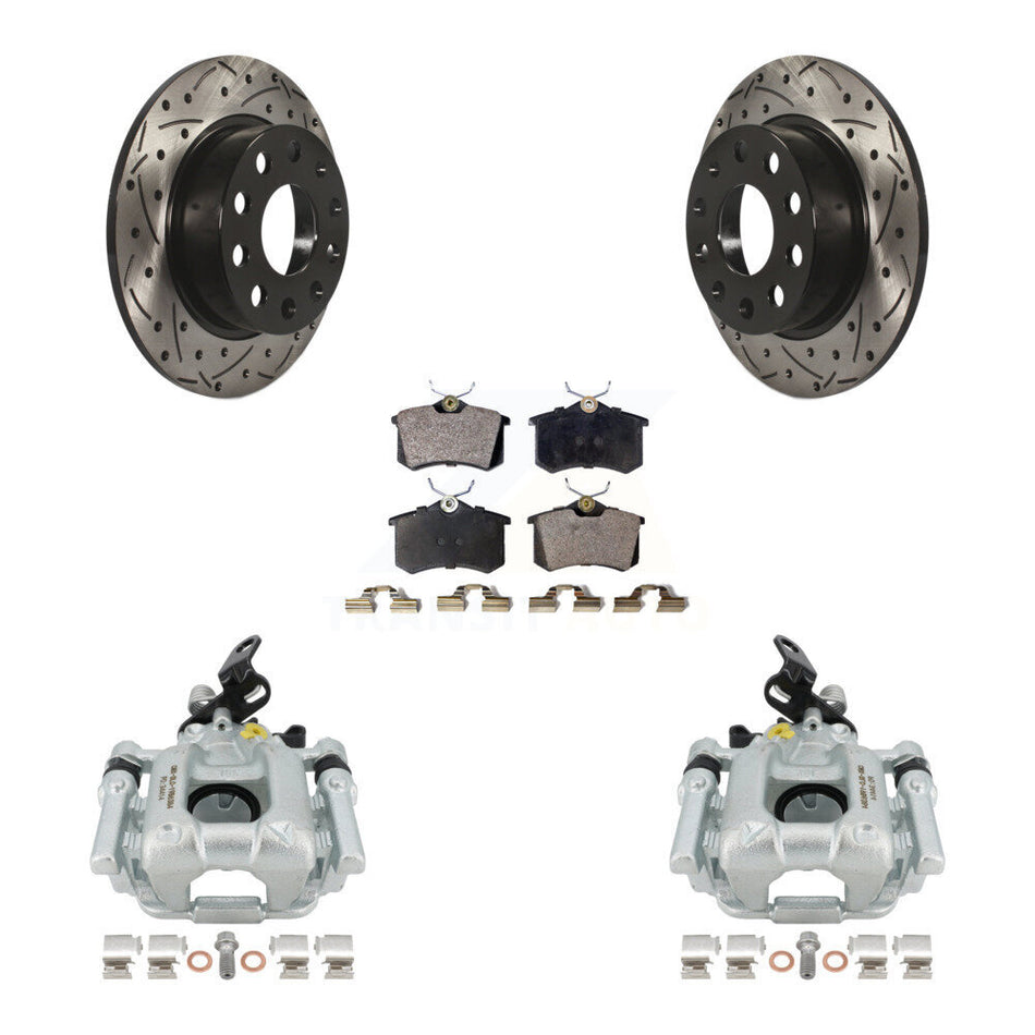 Rear Disc Brake Coated Caliper Drilled Slotted Rotors And Semi-Metallic Pads Kit For 2010 Audi A3 GAS engine With 253mm Diameter Rotor KCD-100445P by Transit Auto