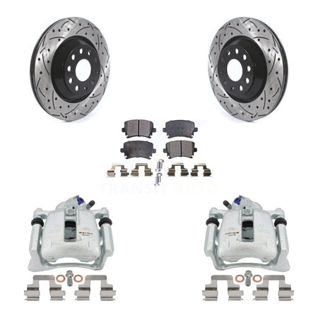 Rear Disc Brake Coated Caliper Drilled Slotted Rotors And Semi-Metallic Pads Kit For Volkswagen CC Passat KCD-100446P by Transit Auto