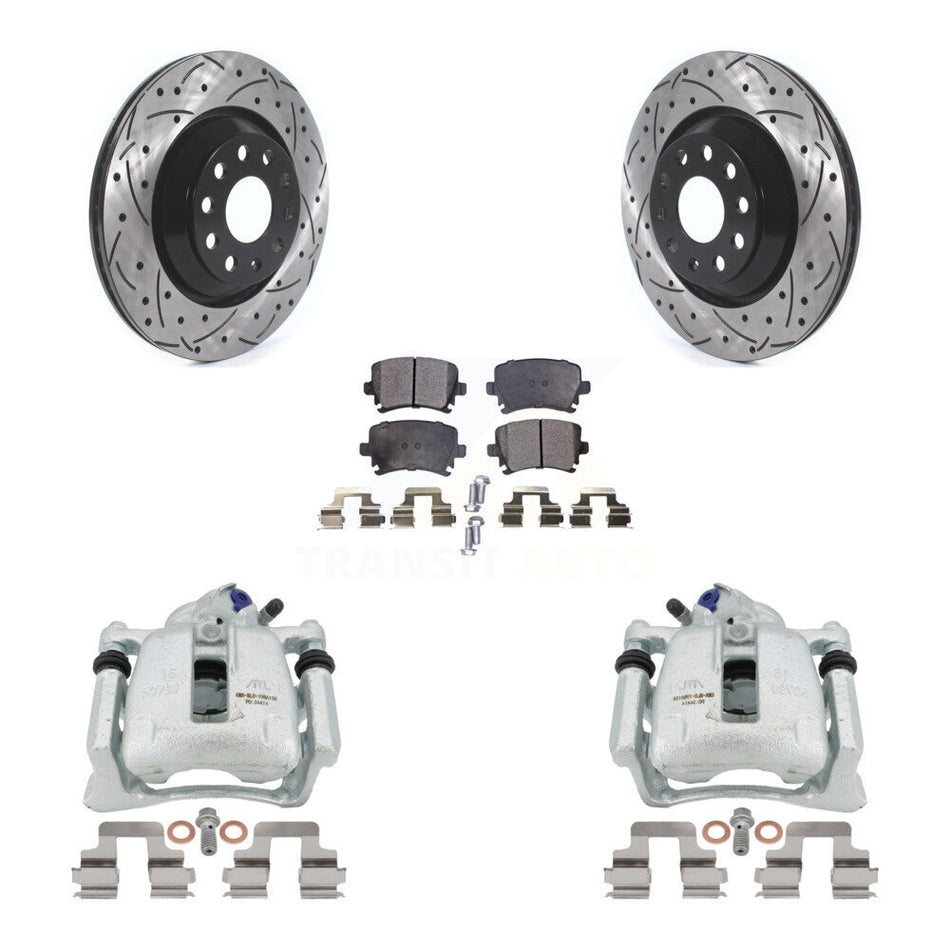 Rear Disc Brake Coated Caliper Drilled Slotted Rotors And Semi-Metallic Pads Kit For Volkswagen CC Passat KCD-100446P by Transit Auto