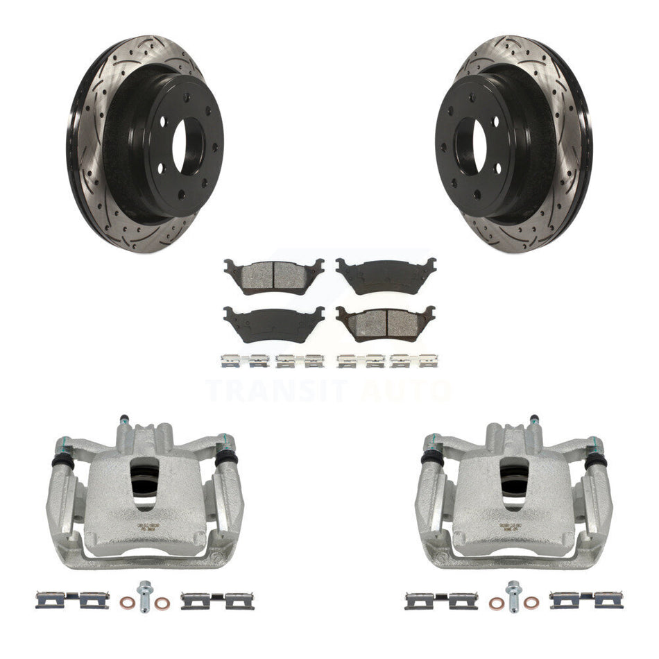 Rear Disc Brake Coated Caliper Drilled Slotted Rotors And Semi-Metallic Pads Kit For 2012-2014 Ford F-150 With 7 Lug Wheels KCD-100446S