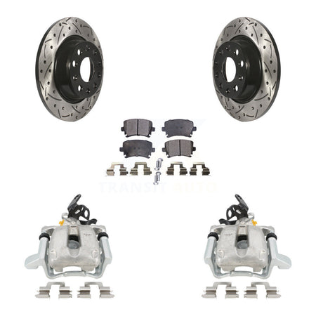 Rear Disc Brake Coated Caliper Drilled Slotted Rotor And Semi-Metallic Pad Kit For 2010 Volkswagen Jetta TDI Cup Edition with 2.0L DIESEL engine With 282mm Diameter KCD-100447P by Transit Auto