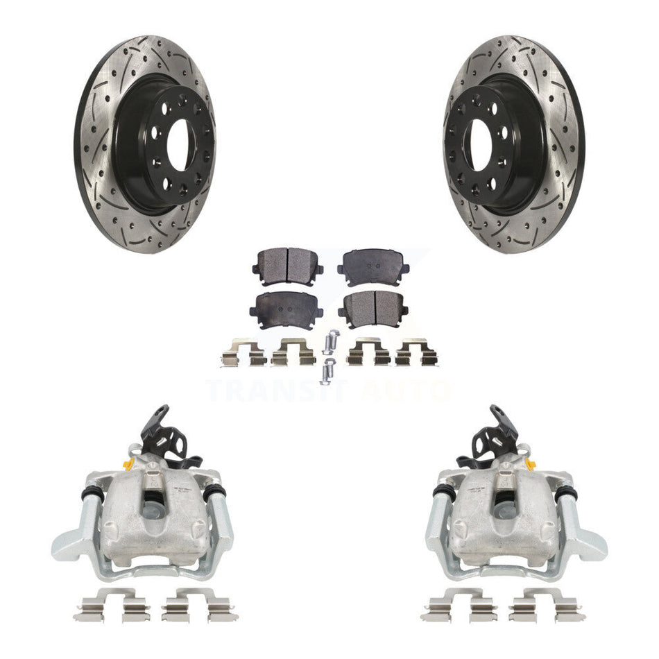 Rear Disc Brake Coated Caliper Drilled Slotted Rotor And Semi-Metallic Pad Kit For 2010 Volkswagen Jetta TDI Cup Edition with 2.0L DIESEL engine With 282mm Diameter KCD-100447P by Transit Auto