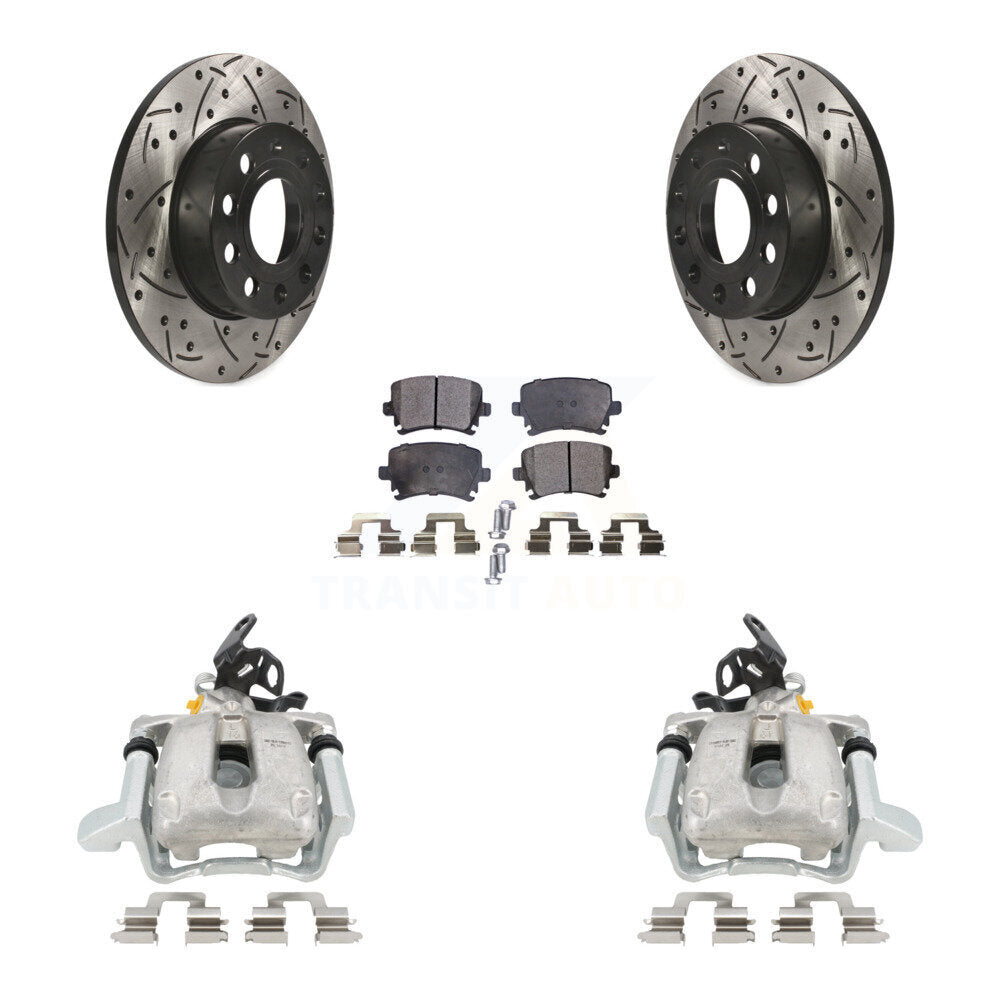 Rear Disc Brake Coated Caliper Drilled Slotted Rotors And Semi-Metallic Pads Kit For Volkswagen Jetta With 260mm Diameter Rotor KCD-100448P by Transit Auto