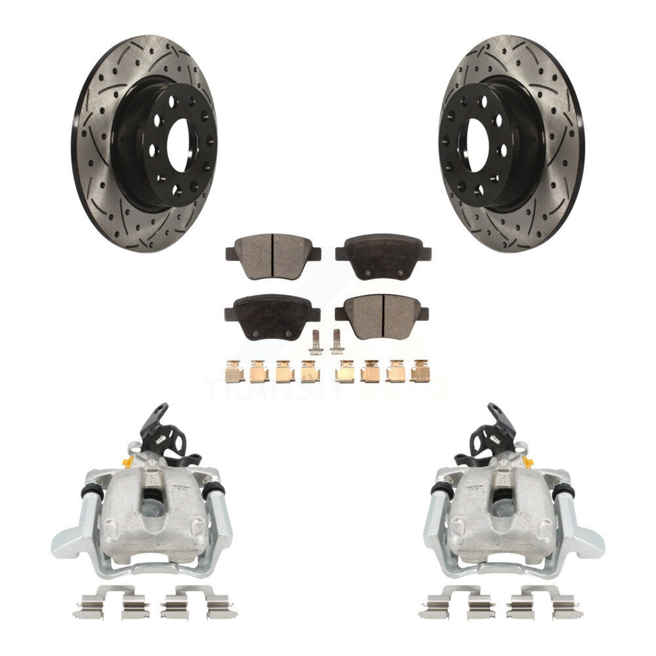 Rear Disc Brake Coated Caliper Drilled Slotted Rotor And Semi-Metallic Pad Kit For 2010 Volkswagen Jetta TDI Cup Edition with 2.0L DIESEL engine With 272mm Diameter KCD-100449P by Transit Auto