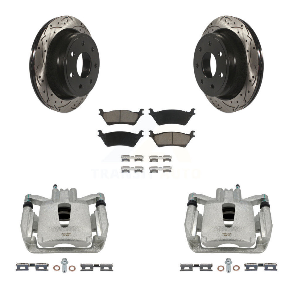 Rear Disc Brake Coated Caliper Drilled Slotted Rotors And Ceramic Pads Kit For 2012-2014 Ford F-150 With 7 Lug Wheels KCD-100450C