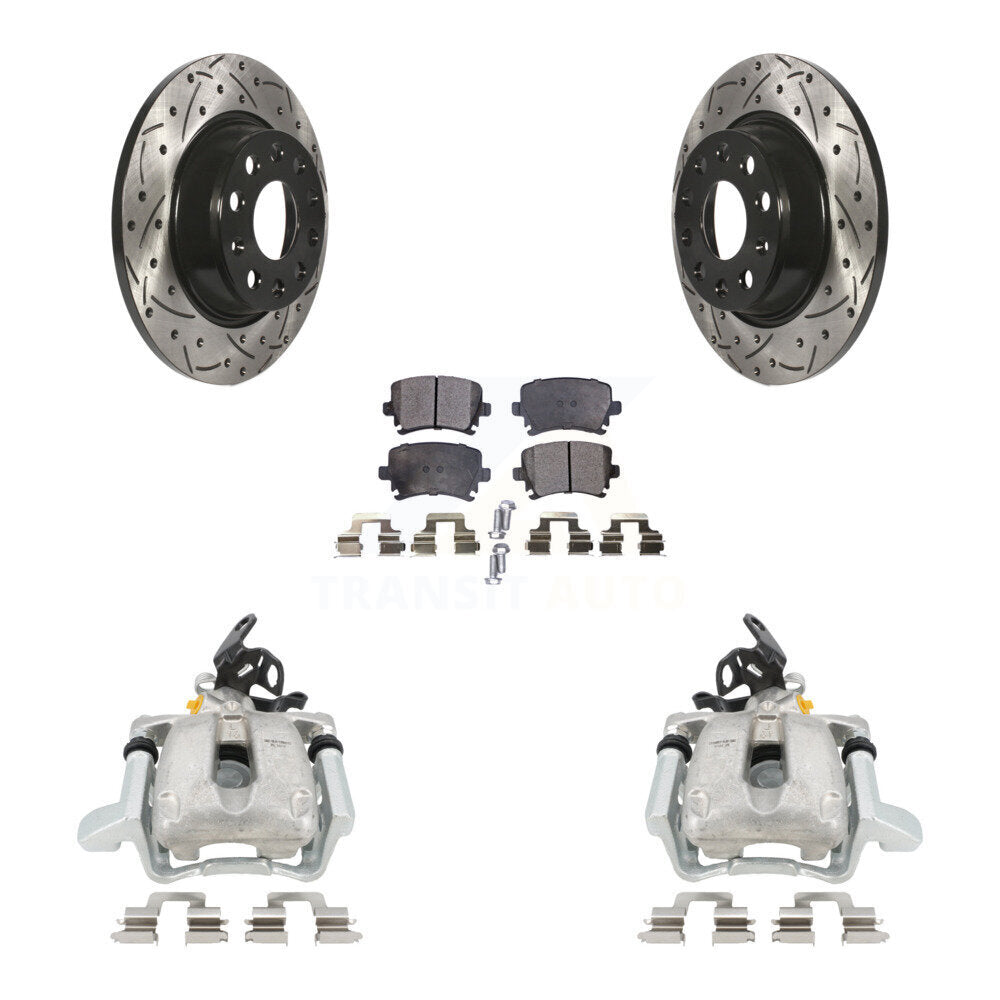 Rear Disc Brake Coated Caliper Drilled Slotted Rotors And Ceramic Pads Kit For 2010 Volkswagen Jetta TDI Cup Edition with 2.0L DIESEL engine With 282mm Diameter Rotor KCD-100451T by Transit Auto