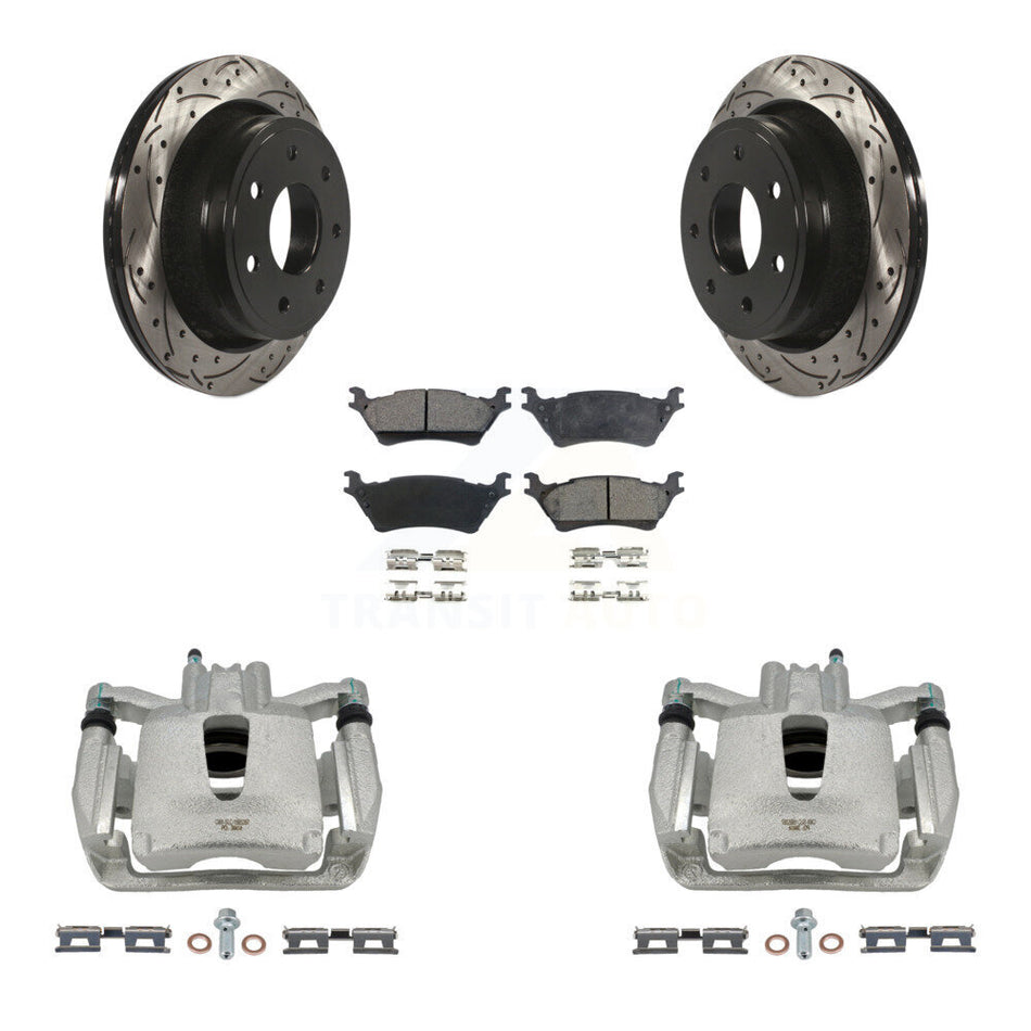 Rear Disc Brake Coated Caliper Drilled Slotted Rotors And Semi-Metallic Pads Kit For 2012-2014 Ford F-150 With 7 Lug Wheels KCD-100456P
