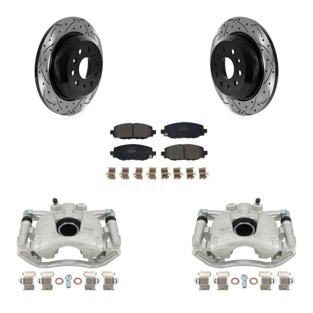 Rear Disc Brake Coated Caliper Drilled Slotted Rotors And Semi-Metallic Pads Kit For 2018-2021 Jeep Wrangler Rubicon With Heavy Duty Brakes Code BR2 & BR6 KCD-100464P by Transit Auto