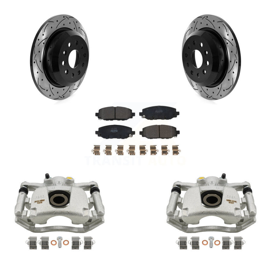 Rear Disc Brake Coated Caliper Drilled Slotted Rotors And Semi-Metallic Pads Kit For 2018-2021 Jeep Wrangler Rubicon With Heavy Duty Brakes Code BR2 & BR6 KCD-100464P