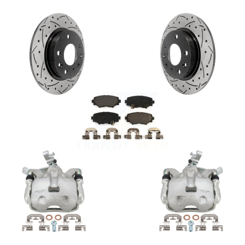 Rear Disc Brake Coated Caliper Drilled Slotted Rotors And Ceramic Pads Kit For 2014-2016 Mazda 3 Sport Vehicles Manufactured In Japan 2.5L/2.0L KCD-100469T