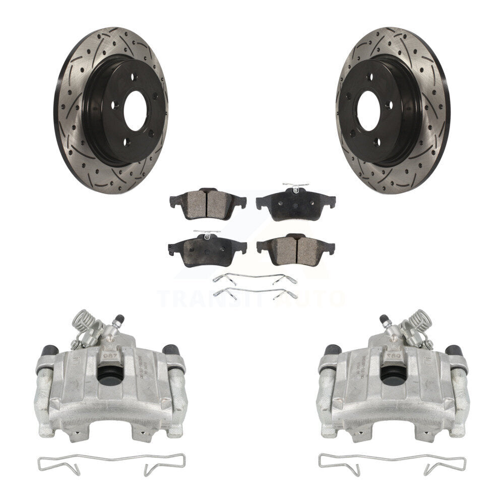 Rear Disc Brake Coated Caliper Drilled Slotted Rotors And Semi-Metallic Pads Kit For Ford Focus KCD-100480P by Transit Auto