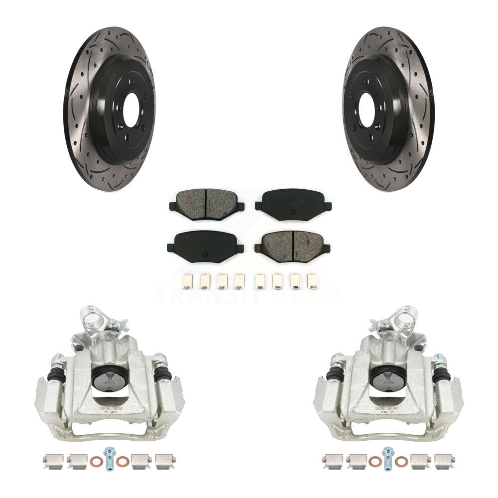 Rear Disc Brake Coated Caliper Drilled Slotted Rotors And Semi-Metallic Pads Kit For Ford Explorer Taurus Flex Lincoln MKT KCD-100488S by Transit Auto