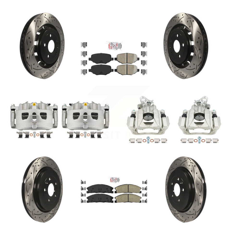 Front Rear Brake Caliper Drill Slotted Rotor Ceramic Pad Kit (10Pc) For 2016 Lincoln MKS KCD-100489N