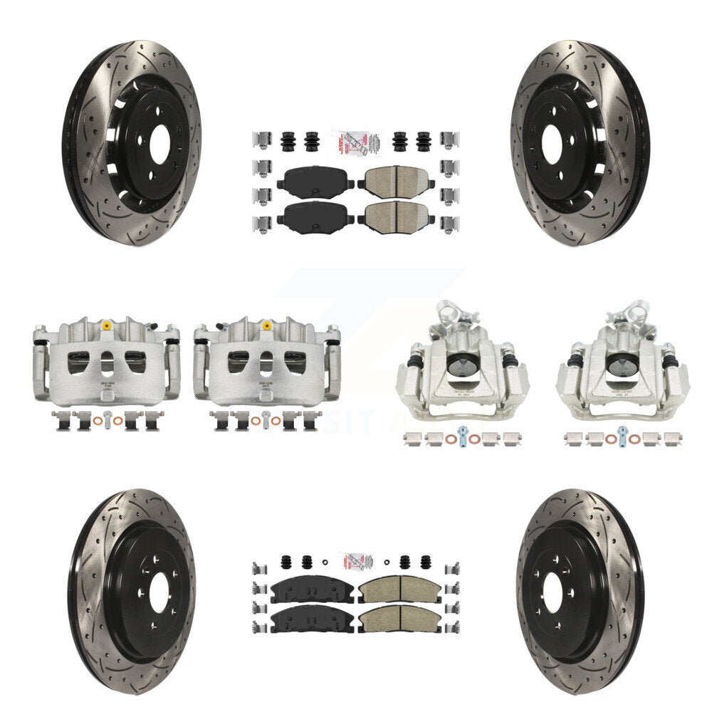 Front Rear Brake Caliper Drill Slotted Rotor Ceramic Pad Kit (10Pc) For 2016 Lincoln MKS KCD-100492N