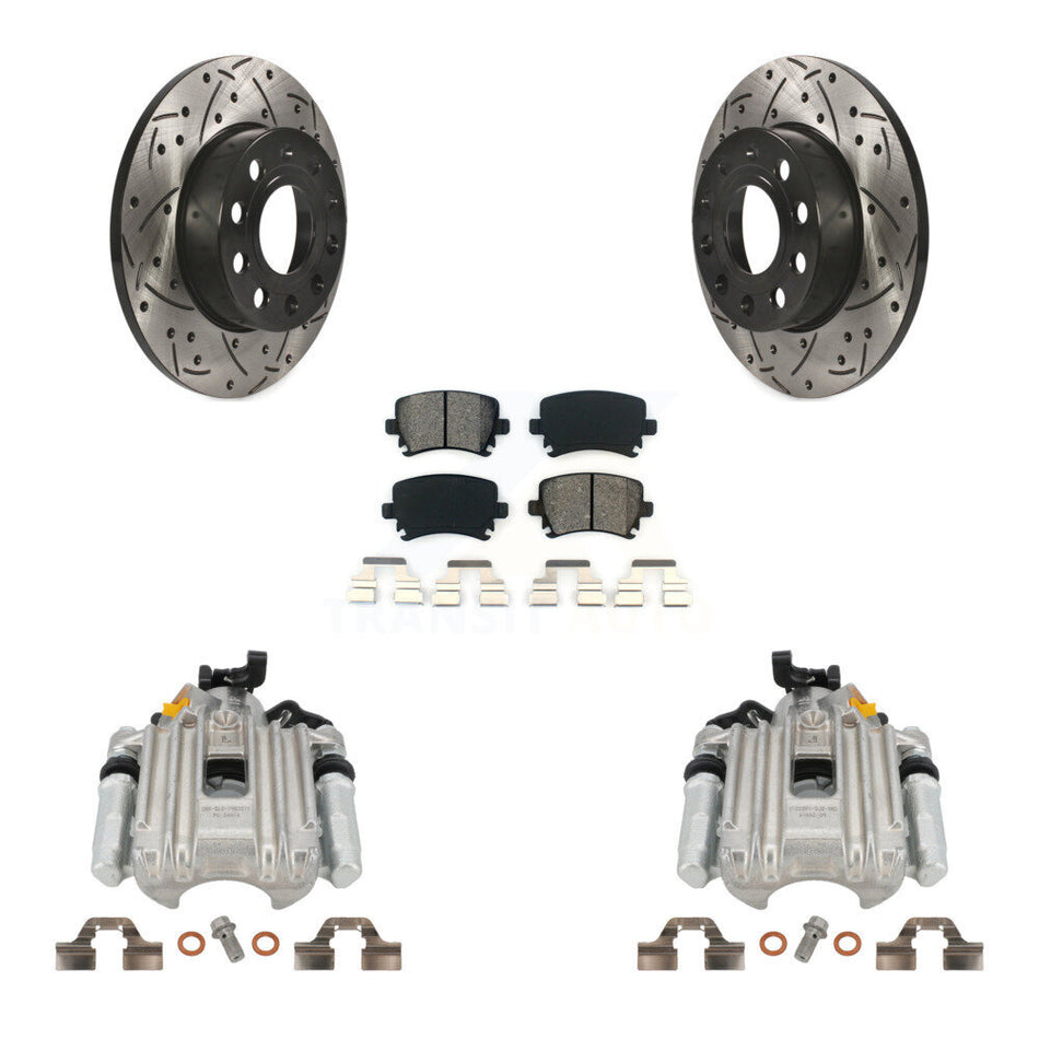 Rear Disc Brake Coated Caliper Drilled Slotted Rotors And Semi-Metallic Pads Kit For Volkswagen Jetta With 260mm Diameter Rotor 7th 8th Digit Of VIN Is "1K" KCD-100497S