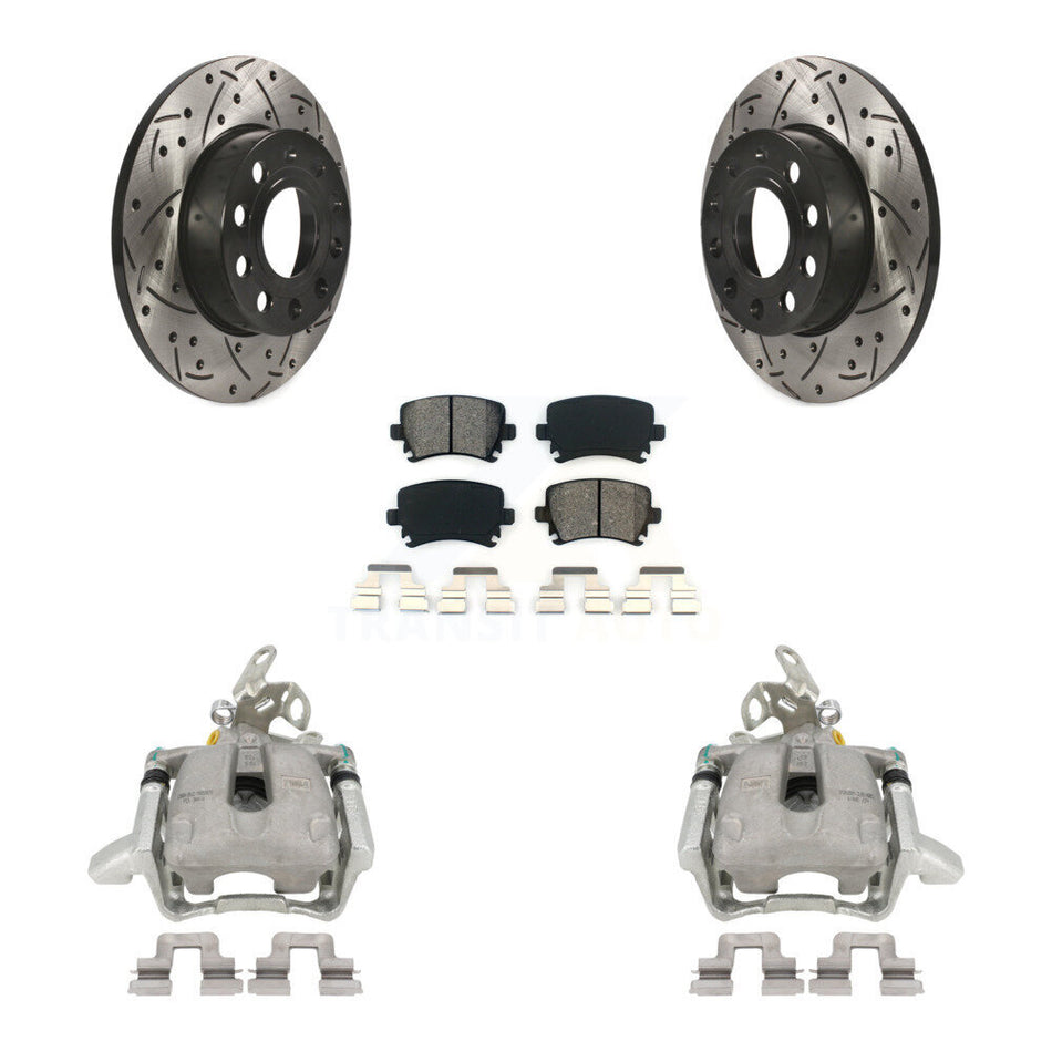 Rear Disc Brake Coated Caliper Drilled Slotted Rotors And Semi-Metallic Pads Kit For Volkswagen Jetta Rabbit KCD-100498S by Transit Auto