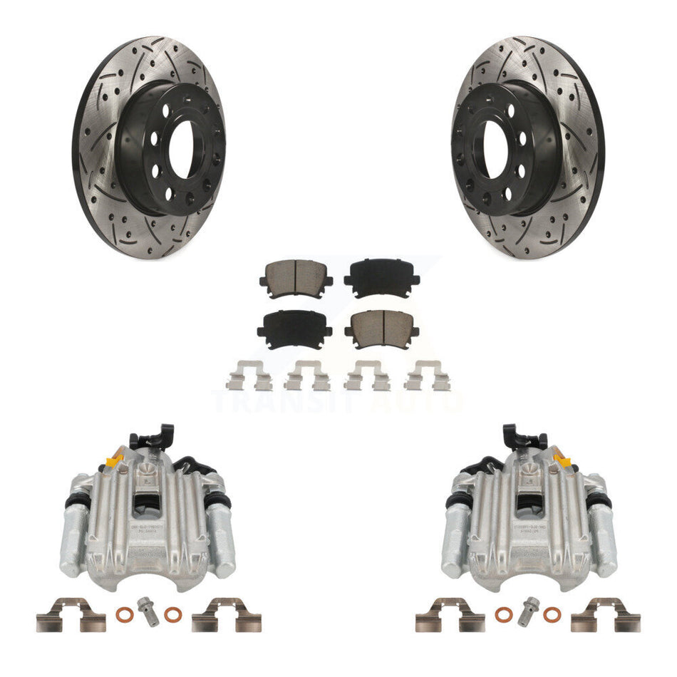 Rear Disc Brake Coated Caliper Drilled Slotted Rotors And Ceramic Pads Kit For Volkswagen Jetta With 260mm Diameter Rotor 7th 8th Digit Of VIN Is "1K" KCD-100505C by Transit Auto