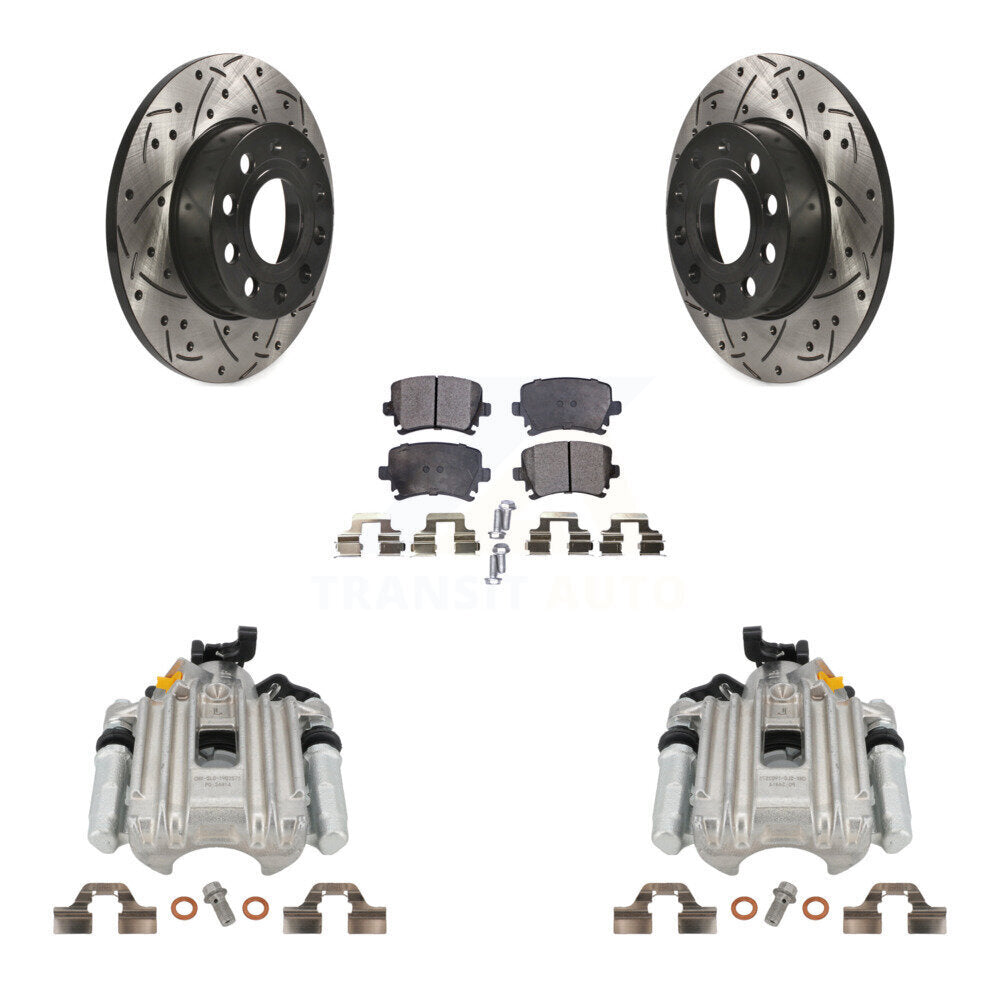 Rear Disc Brake Coated Caliper Drilled Slotted Rotors And Semi-Metallic Pads Kit For Volkswagen Jetta With 260mm Diameter Rotor 7th 8th Digit Of VIN Is "1K" KCD-100512P by Transit Auto