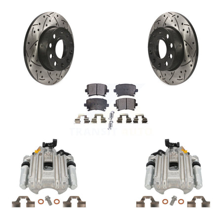 Rear Disc Brake Coated Caliper Drilled Slotted Rotors And Semi-Metallic Pads Kit For Volkswagen Jetta With 260mm Diameter Rotor 7th 8th Digit Of VIN Is "1K" KCD-100512P by Transit Auto