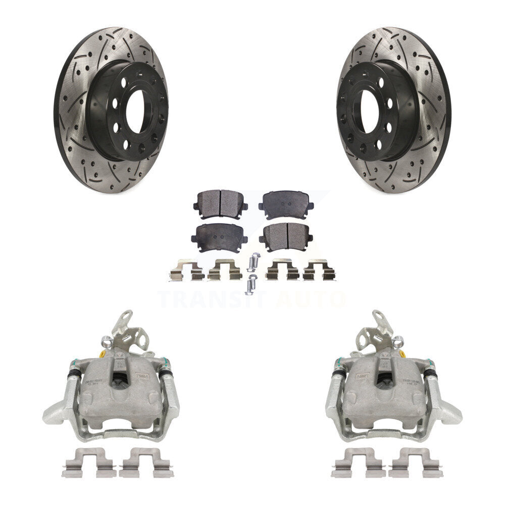 Rear Disc Brake Coated Caliper Drilled Slotted Rotors And Semi-Metallic Pads Kit For Volkswagen Jetta Rabbit KCD-100513P by Transit Auto