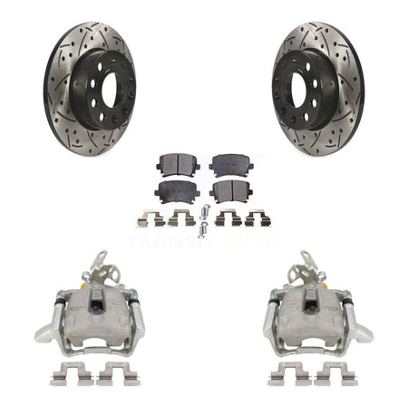 Rear Disc Brake Coated Caliper Drilled Slotted Rotors And Semi-Metallic Pads Kit For Volkswagen Jetta Rabbit KCD-100513P by Transit Auto