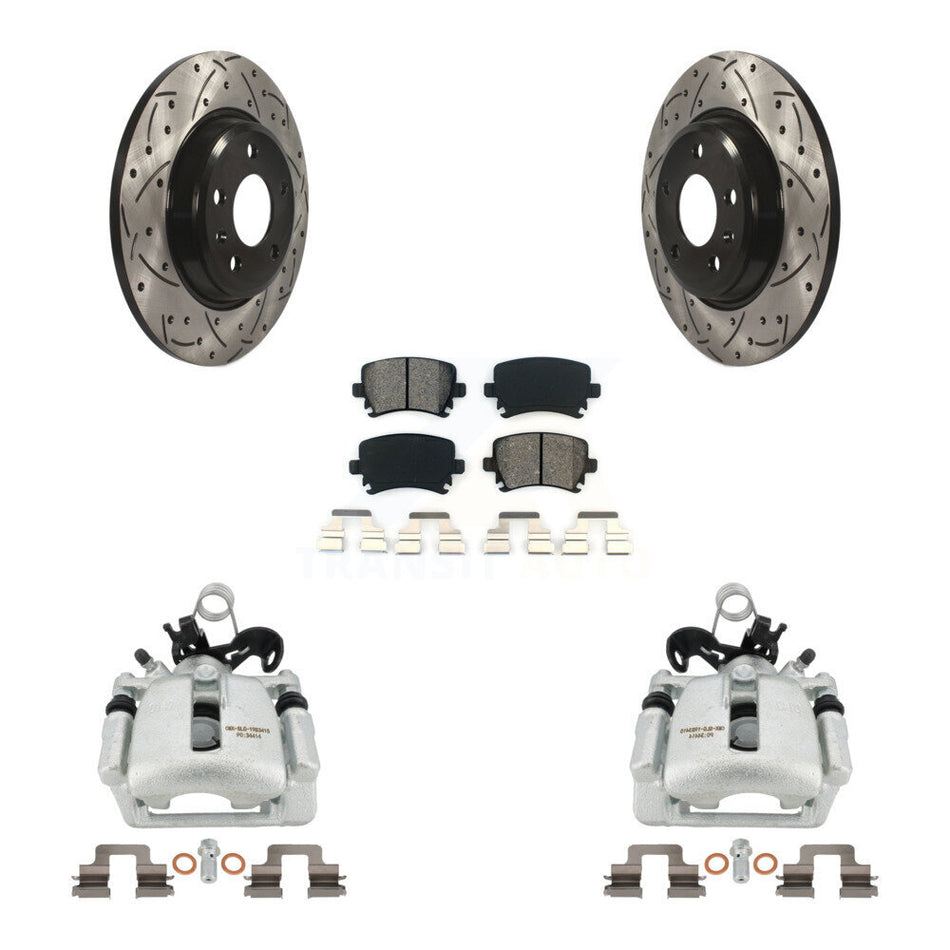 Rear Disc Brake Coated Caliper Drilled Slotted Rotors And Semi-Metallic Pads Kit For 2009 Audi A4 Quattro Convertible With 300mm Diameter Rotor KCD-100513S