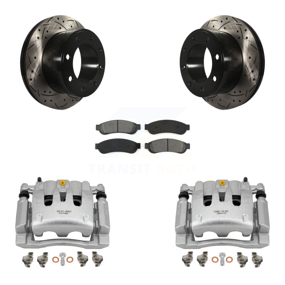 Rear Brake Coat Caliper Drill Slot Rotor Semi-Metallic Pad Kit For Ford F-250 Super Duty KCD-100514S